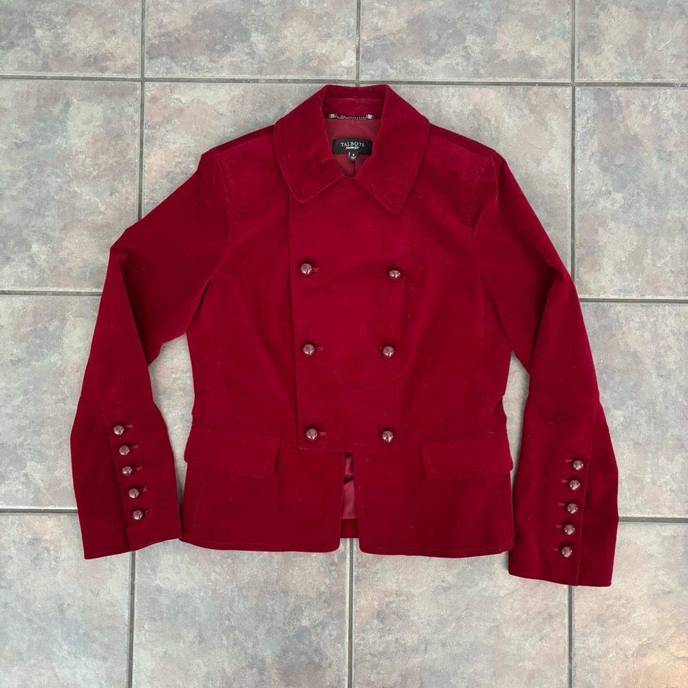Talbots Womens Maroon Velour Double Breasted Napoleon Blazer Jacket Size 8‎